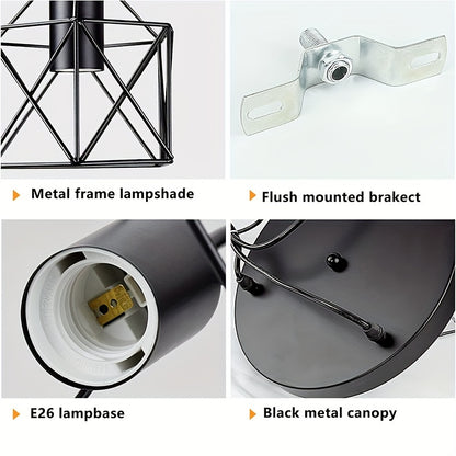 1pc 1/3 Heads Industrial Pendant, Adjustable Hanging Light Fixture, Vintage Farmhouse Pendant Light, With Metal Caged E26 Base, For Kitchen Island Dining Room Living Room