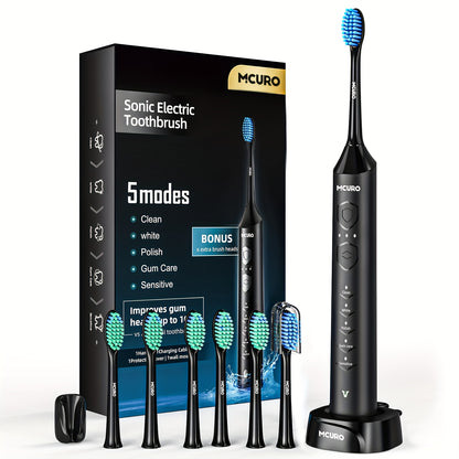 Escova de dentes elétrica sónica recarregável, limpeza profunda com 5 modos, 6 cabeças de escova de substituição, equipada com base de carregamento USB, portátil, ideal para viagens, dormitórios, presente, preta, rosa, azul.