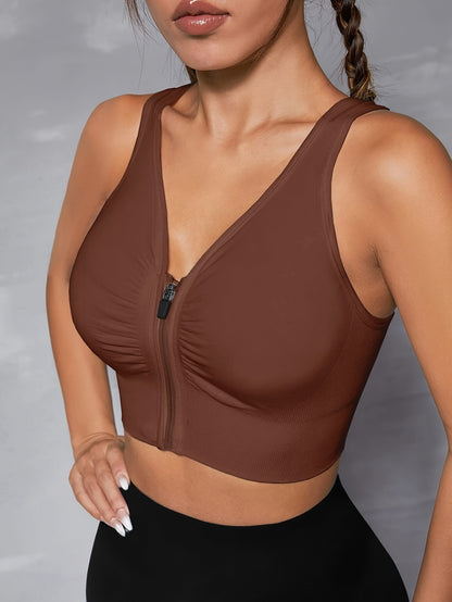 Women's Seamless Sports Bra With Zipper Front, Wide Shoulder Straps, Padded, Wire-Free, Comfort Fit, Racerback, Gym Fitness Yoga Bra Top
