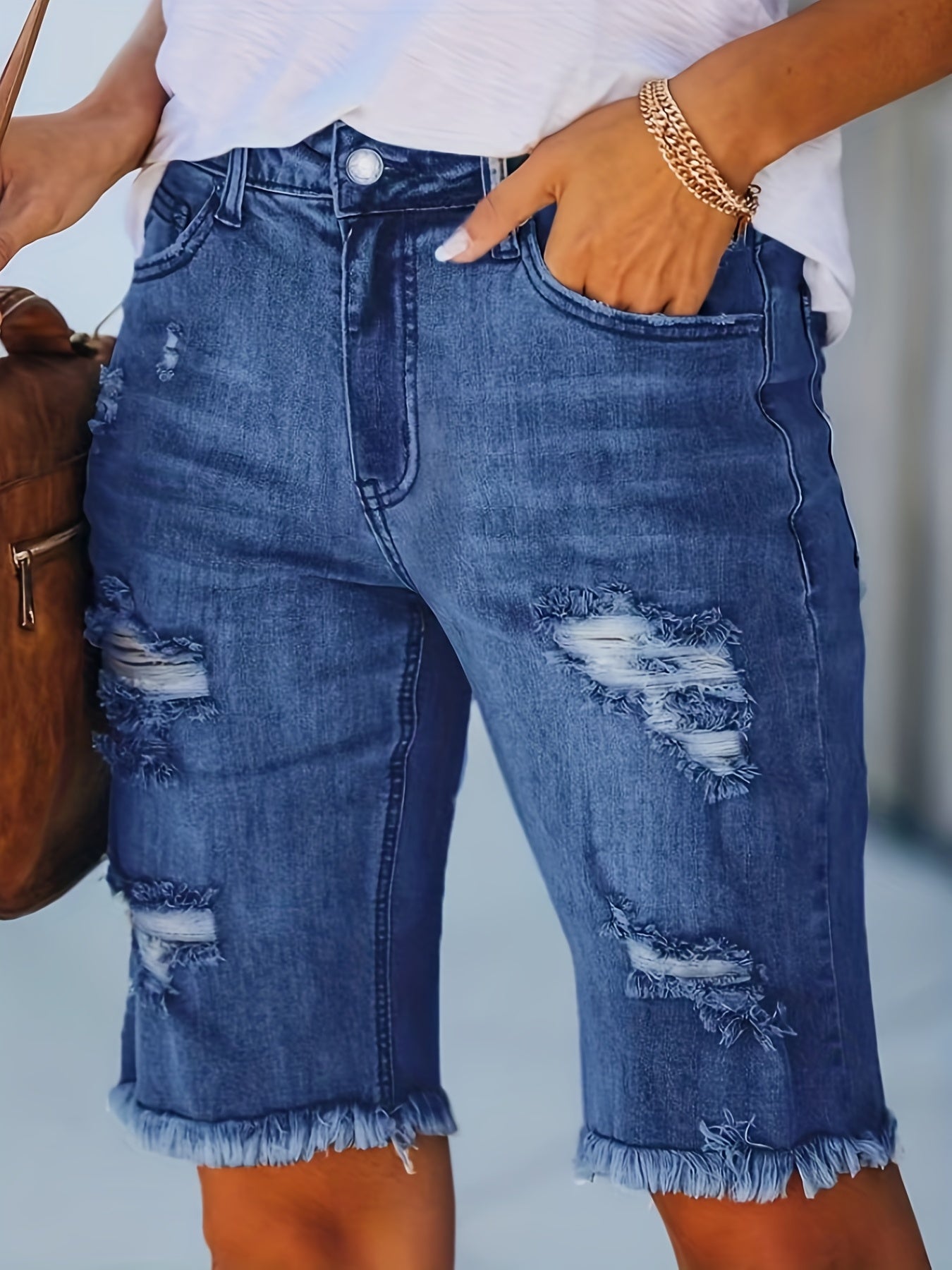 Women's Stretch Denim Mid-Rise Shorts with Distressed Frayed Hem & Knee Rips - Casual Summer Denim Shorts with Built-In Zipper, Machine Washable, Casual Attire, Comfortable Fit