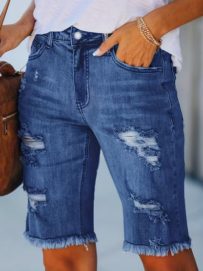 Women's Stretch Denim Mid-Rise Shorts with Distressed Frayed Hem & Knee Rips - Casual Summer Denim Shorts with Built-In Zipper, Machine Washable, Casual Attire, Comfortable Fit