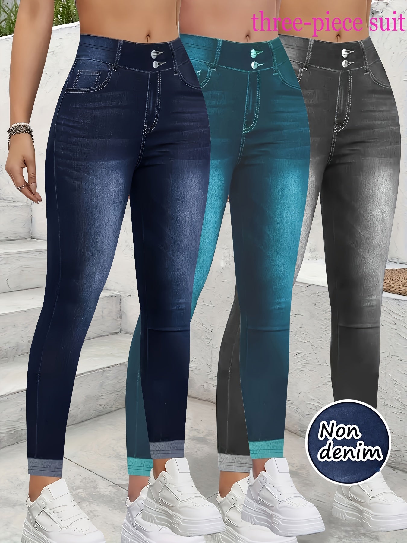 [Denim Print/Imitation Denim] 3pcs Set New Imitation Denim Blue Black Green Women's Slim Fit Leggings - Elegant Stretchy Tights, All-Season Versatile Casual and Formal Wear, Machine Washable Comfortable High-Quality Tight Pan