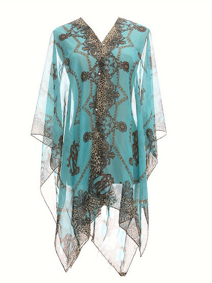 Plus Size Chain Print V Neck Shawl Top, Elegant Long Sleeve Blouse For Spring & Summer, Women's Plus Size Clothing