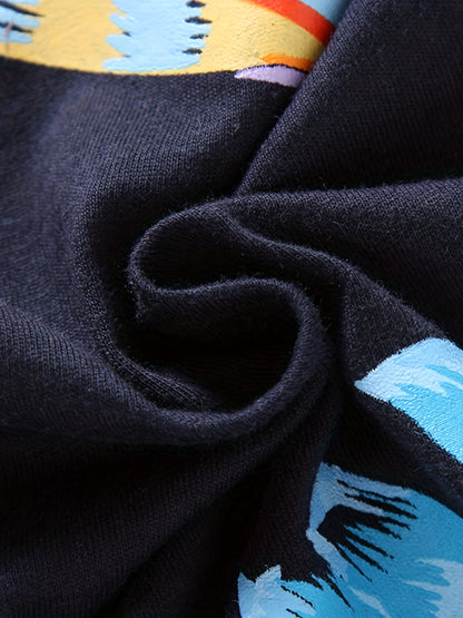 Conjunto de verão para criança com estampado de folhas da Califórnia, composto por t-shirt de gola redonda e calções.