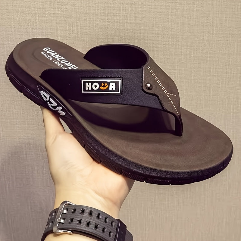Chinelo de dedo casual de verão para homem - Resistente a odores, antiderrapante, durável, com sola macia e tira ajustável, design castanho e preto para uso diário e ao ar livre, calçado de praia | Chinelo de dedo elegante | Sola em PVC durável, sandália