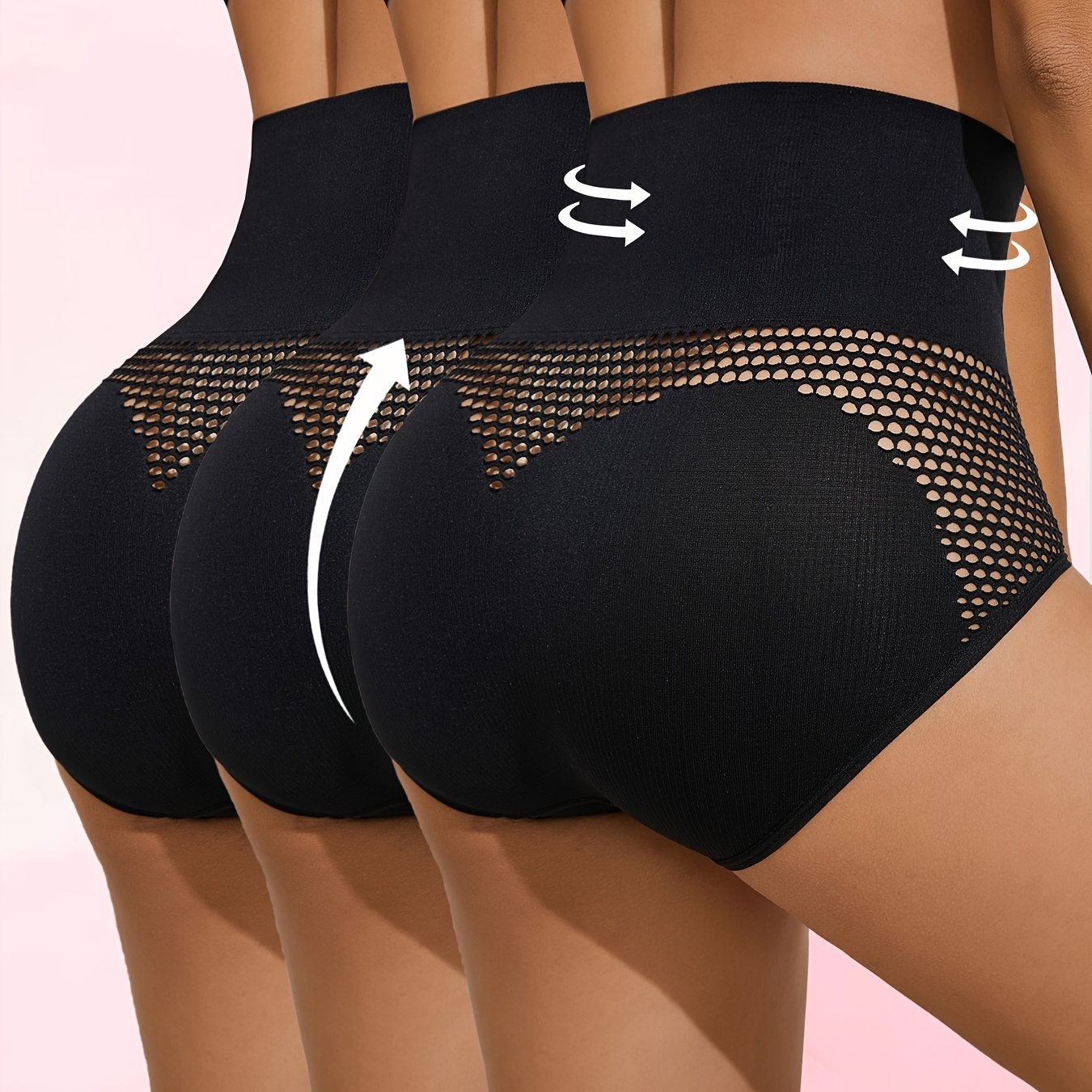 3pcs High-Waist Tummy Control Panties for Women - Breathable Mesh, Butt Lifting, Body Shaper Briefs with Solid Color Design and Breathable Mesh Details