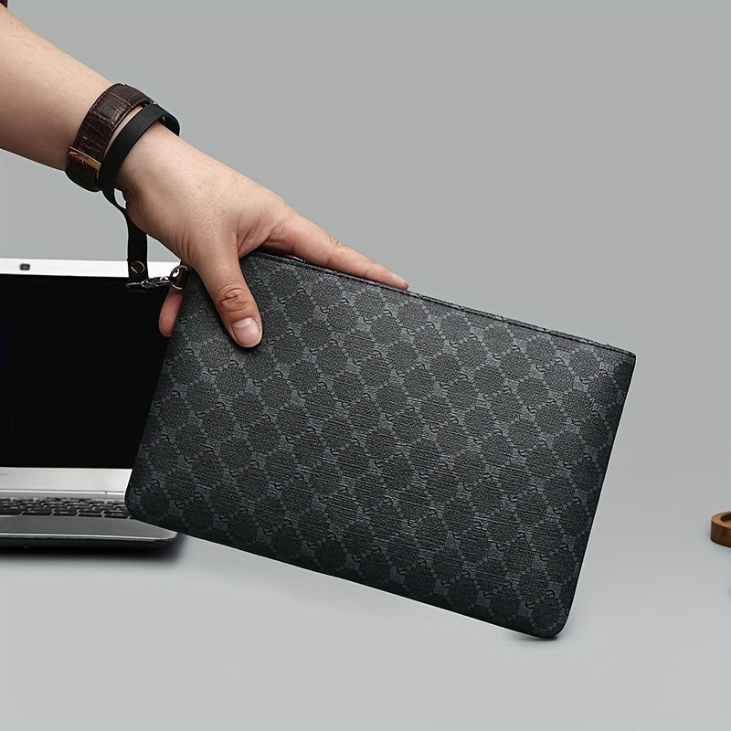 Men'S Stylish Black Synthetic Clutch Bag with Hexagonal Pattern & Card Slots - Perfect for Keys, Phone, Tablet, and Cards - Durable Zipper Closure for Everyday Use