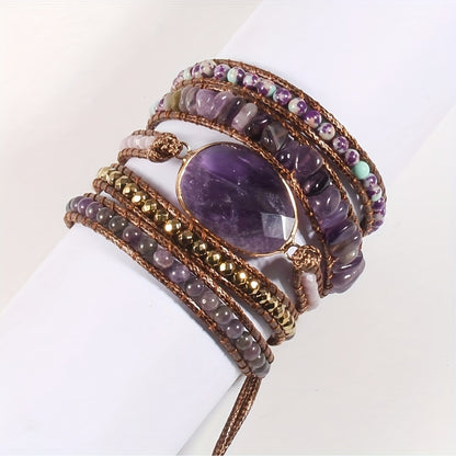 Bohemian Style Handmade Beaded Bracelet, Natural Stone Glass Wax Rope 5-Strand Wrap Bracelet for Women