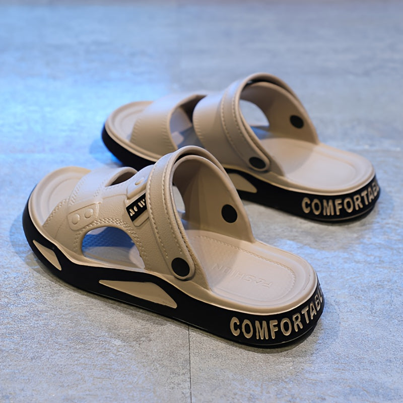 Sandálias de verão para homem, estilo slide - Confortáveis ​​em EVA, pretas com detalhes em branco, tira ajustável com fecho de velcro, design casual de bico aberto para uso exterior, sandálias de verão.