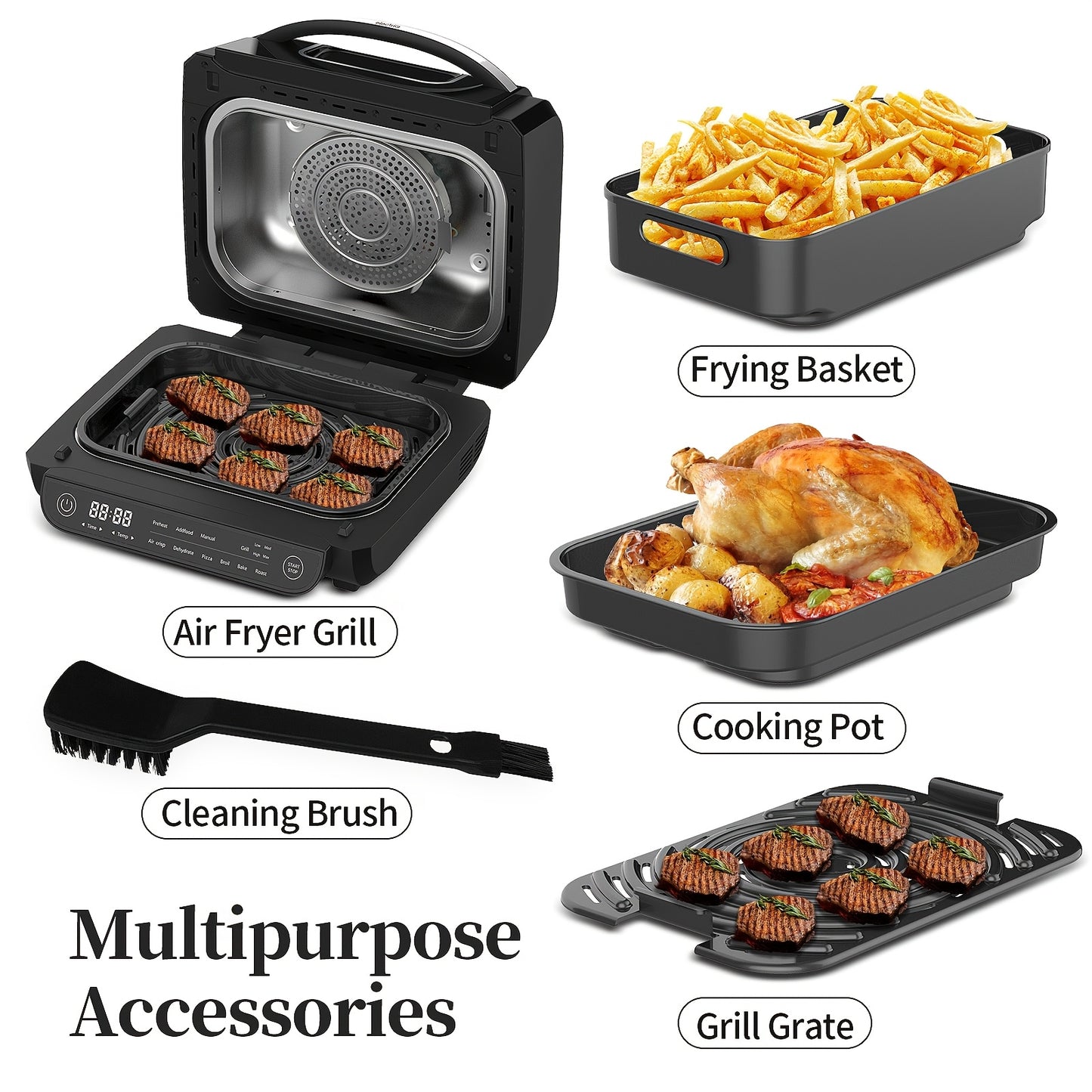 Fritadeira Elétrica 8 em 1 com Grelha e Ar Quente, Capacidade de 6L, Controlo por Toque, Temporizador de 120 Minutos, 1700W, Preta