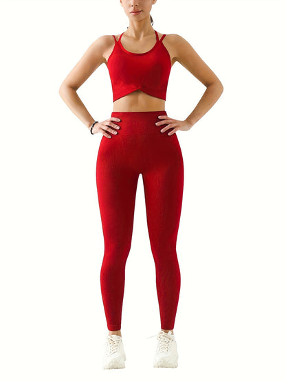 2pcs Solid Color Workout Sets, Backless Sports Bra & Wide Waistband Hip Lift Running Leggings, Women's Activewear