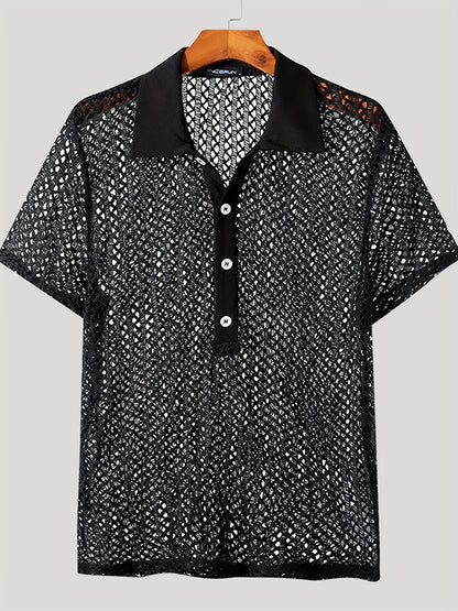 [Popular Choice] Trendy Sheer Mesh Cut-Out Top - Sexy Collared Short Sleeve Shirt in Bright Colors, Polyester, Summer Wear, Short Sleeve, Fas Shirt.hionNova, Sexy Style, Loosen Version, Summer