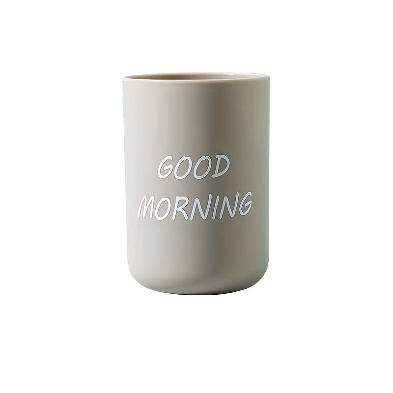 1pc Minimalist Plastic Toothbrush Cup, "Good Morning" Printed Family Bathroom Rinse Mug, Creative Oral Care Cups, Toothbrush Cup