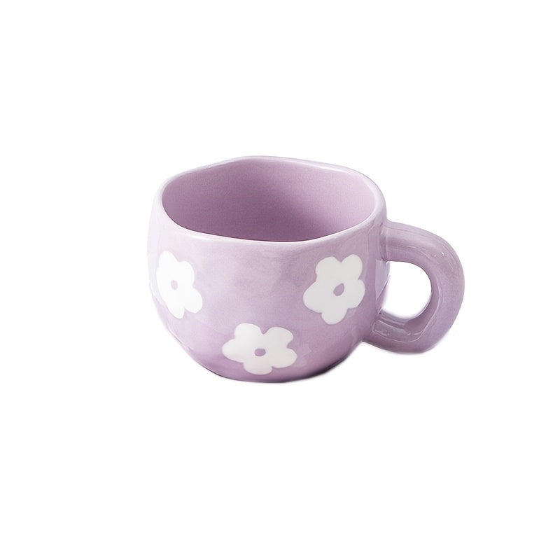 1set YumiPLUS Handmade Floral Ceramic Mug and Saucer Set, Purple Irregular Flower Design, 220ml/7.4oz, Reusable, Insulated, Machine Washable, Multipurpose Coffee Cup for Tea, Milk, Gift for Her