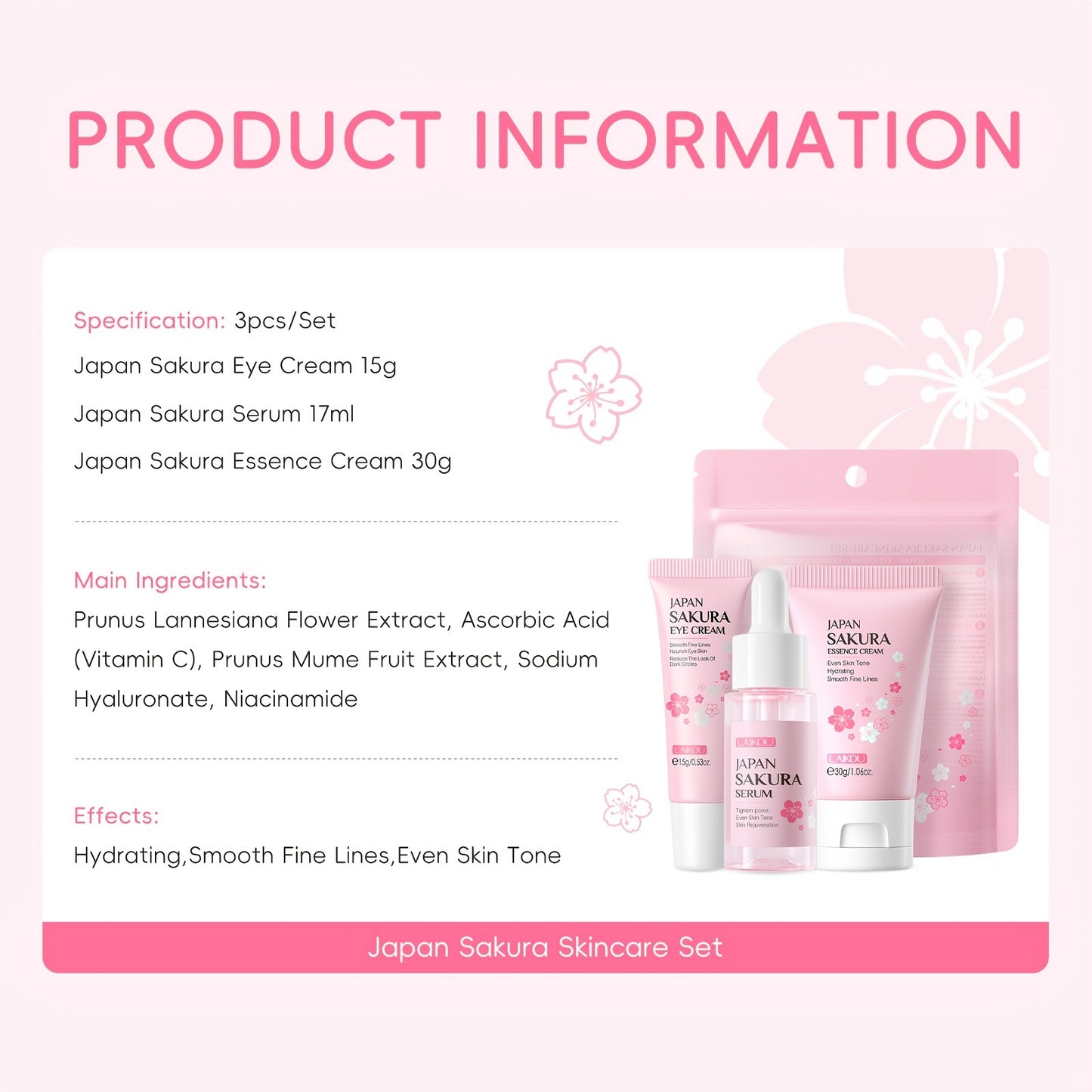 3pcs Set LAIKOU Japanese Cherry Blossom Skin Care Set 3 Piece Serum Liquid Eye Cream Face Cream Skin Care Kit Gifts