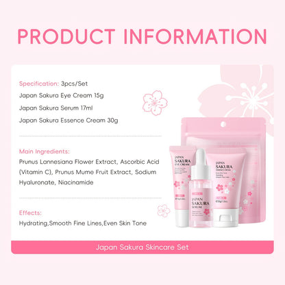 3pcs Set LAIKOU Japanese Cherry Blossom Skin Care Set 3 Piece Serum Liquid Eye Cream Face Cream Skin Care Kit Gifts