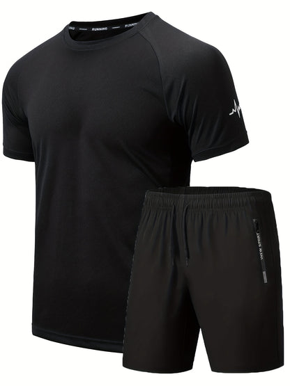 Men's 2Pcs Outfit, Solid Workout Short Sleeve T-shirt & Drawstring Shorts For Basketball Football Exercise Training Running Gym