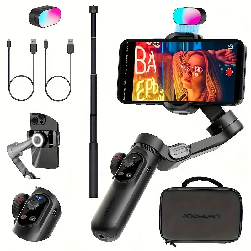AOCHUAN Smart X Pro 3-Axis Stabilized Phone Gimbal Kit with AI Smart Control, 7-Color RGB Fill Light, OLED Display, Extendable Pole, 360° Rotation, Foldable Design, Long Battery Life, Professional Vlogging & Outdoor Shooting