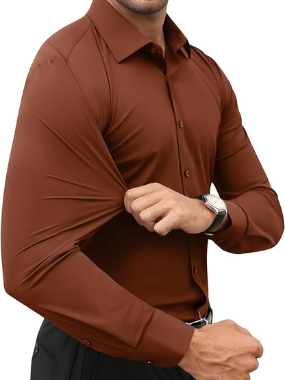 Men'S Slim Fit Long Sleeve Shirt - 55% Cotton, 40% Polyester, 5% Spandex, Solid Color, All-Season, Woven Fabric, Button-Up, Lapel Collar, Casual Weekend Wear, 125g/m²