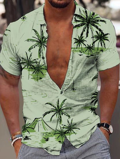 Camisa de homem de manga curta com estampado de coqueiros, ideal para o dia a dia em resorts e para a praia.