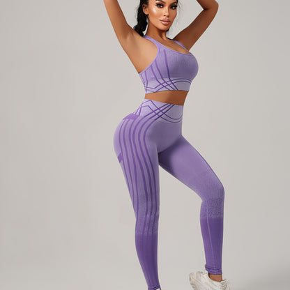 Yoga Sports Long Pants and Vest Set, Solid Color, Rib, High Stretch, Skinny Fit, Long Length, All-Season, for Adult, Sports Occasion, Ribbed Details, Ribbed Fabric