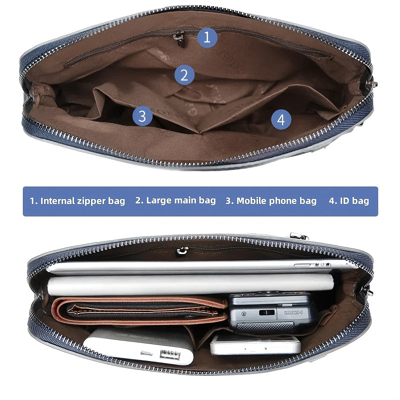 Men's Luxury Multi-Functional Handbag & Wallet in One - Dark Navy Blue/Black with Golden-Tone Hardware, Soft Silky Texture, Golden-Tone Hardware, Zipper Closure & Detachable Strap - Travel, Commute, Formal & Everyday Use - Id