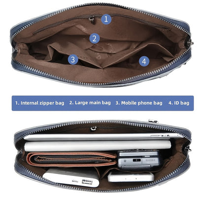 Men's Luxury Multi-Functional Handbag & Wallet in One - Dark Navy Blue/Black with Golden-Tone Hardware, Soft Silky Texture, Golden-Tone Hardware, Zipper Closure & Detachable Strap - Travel, Commute, Formal & Everyday Use - Id