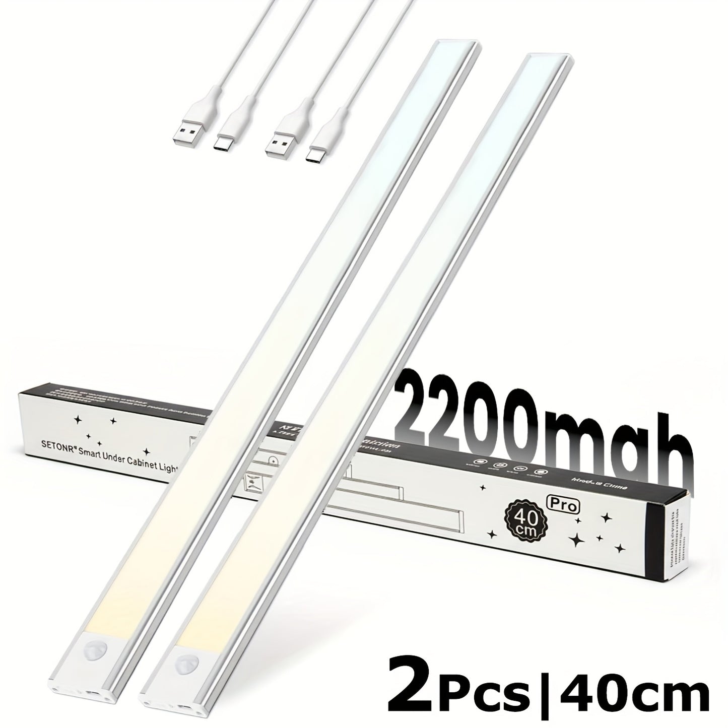 2pcs Under Cabinet Light, Closet Light, Rechargeable Battery Operated Motion Sensor Light Indoor, Magnetic Dimmable Closet Lights, Wireless Under Counter Lights for Kitchen, Stairs metal Shell