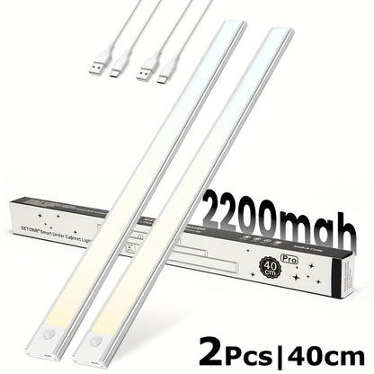 2pcs Under Cabinet Light, Closet Light, Rechargeable Battery Operated Motion Sensor Light Indoor, Magnetic Dimmable Closet Lights, Wireless Under Counter Lights for Kitchen, Stairs metal Shell