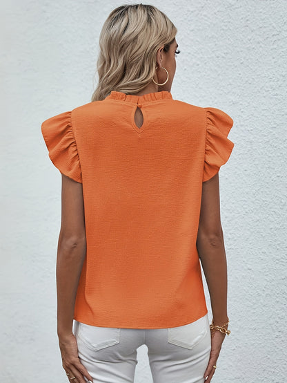 Ruffle Trim Crew Neck Blouse, Casual Solid Color Flutter Sleeve Blouse For Spring & Summer, Women's Clothing Wedding holiday vacation