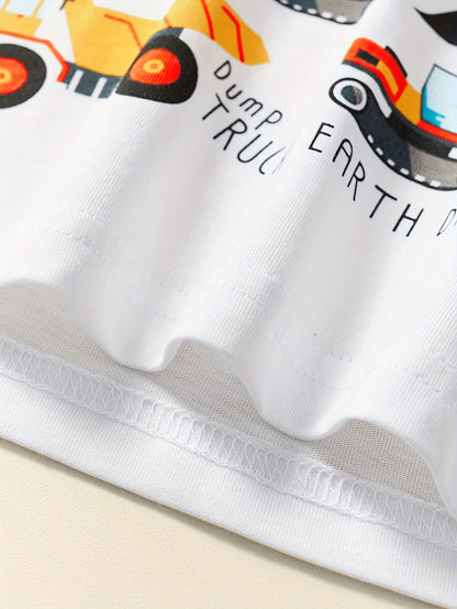 T-shirt de manga curta para criança em algodão com estampa de escavadora de desenho animado, respirável e moderna para o verão.