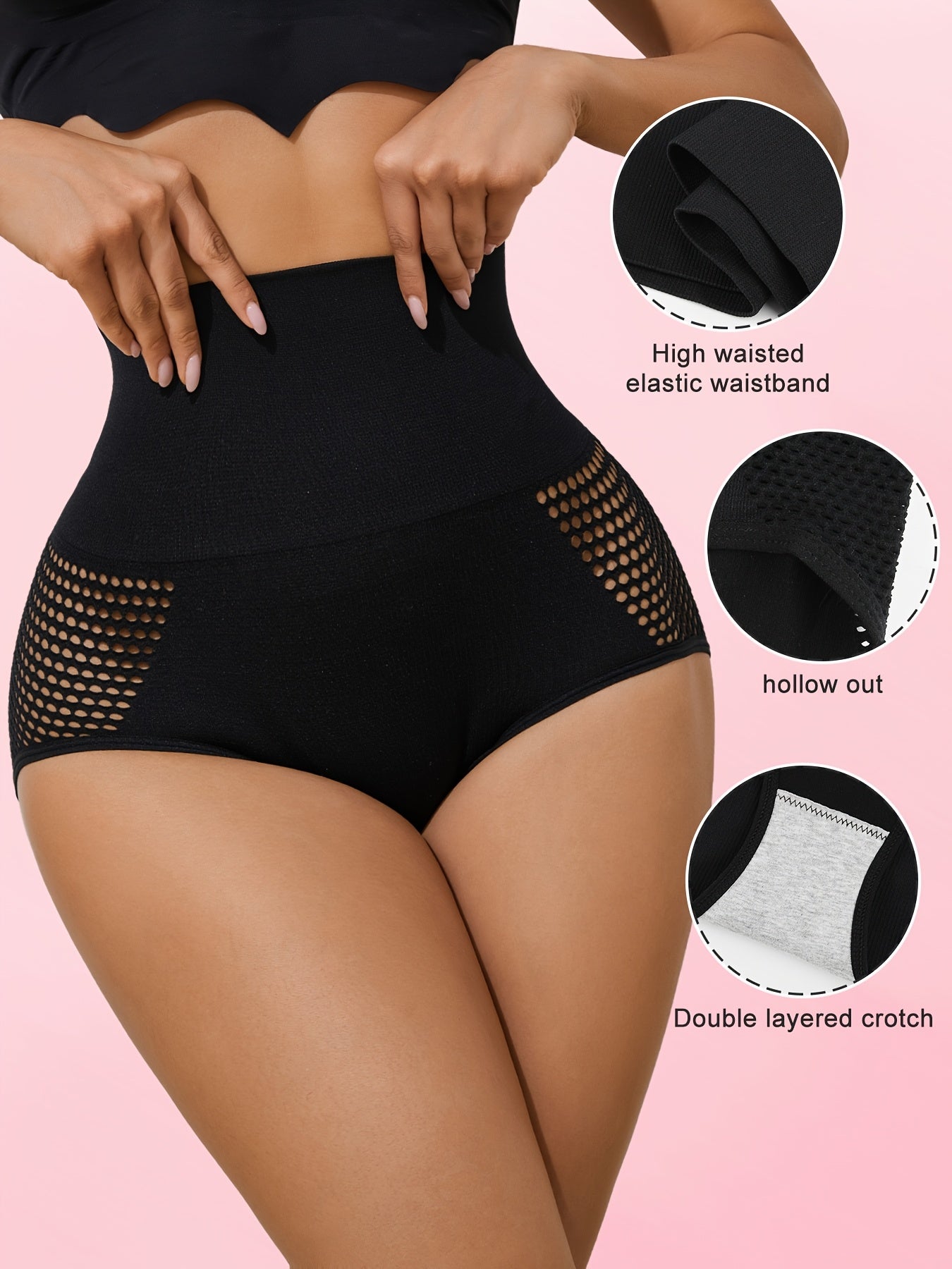 3pcs High-Waist Tummy Control Panties for Women - Breathable Mesh, Butt Lifting, Body Shaper Briefs with Solid Color Design and Breathable Mesh Details