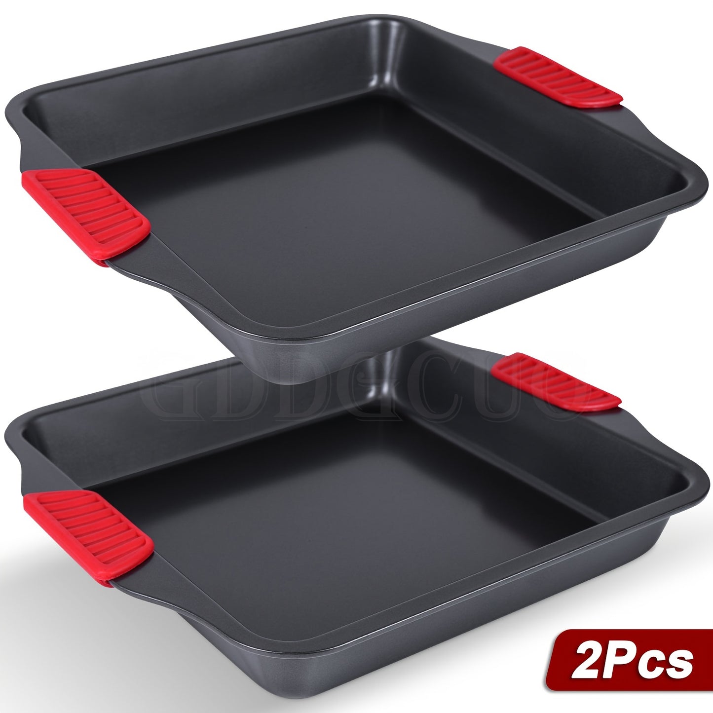 2pcs Set Non-Stick Baking Pan Set - Carbon Steel Baking Pan Set with Heat Resistant Red Silicone Handle, Oven Safe up to 450F (232.2C) Square Frying Pan, Cookie Sheet, Baking Pan, Black