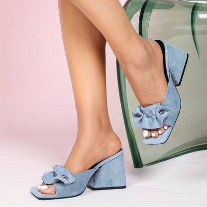 Chic Ladies' Summer Slippers - Black Chunky Heel Open Toe Mules, Women's High Heeled Square Toe Fashion Knit Slip-Ons with Comfortable Rubber Sole