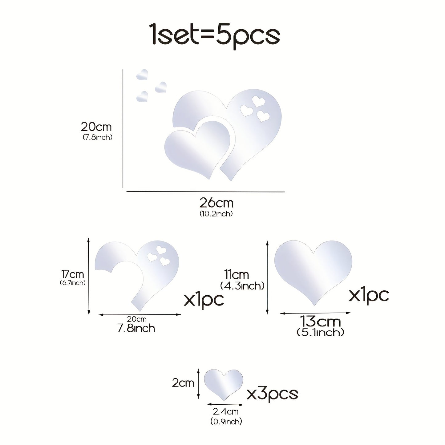 Conjunto de 5 autocolantes espelhados em acrílico inquebráveis ​​com formato de coração para decoração de parede de quarto, sala de estar, sala de jantar, cozinha e escola (26 x 20 cm).