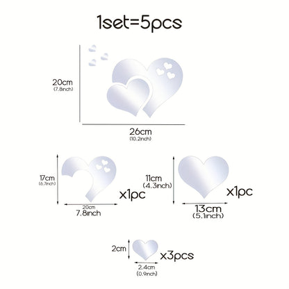 Conjunto de 5 autocolantes espelhados em acrílico inquebráveis ​​com formato de coração para decoração de parede de quarto, sala de estar, sala de jantar, cozinha e escola (26 x 20 cm).