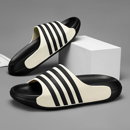 FRNDE Men's & Women's Slip- Slip-On Moccasin Slippers - 5cm Thick Cushioned EVA/PVC Upper & Arch, Black & White Striped Indoor/ Beach Shoes, All-Season Casual Slip-Ons for Men & Women (Unisex) - Comfortable Round-Toe Design w