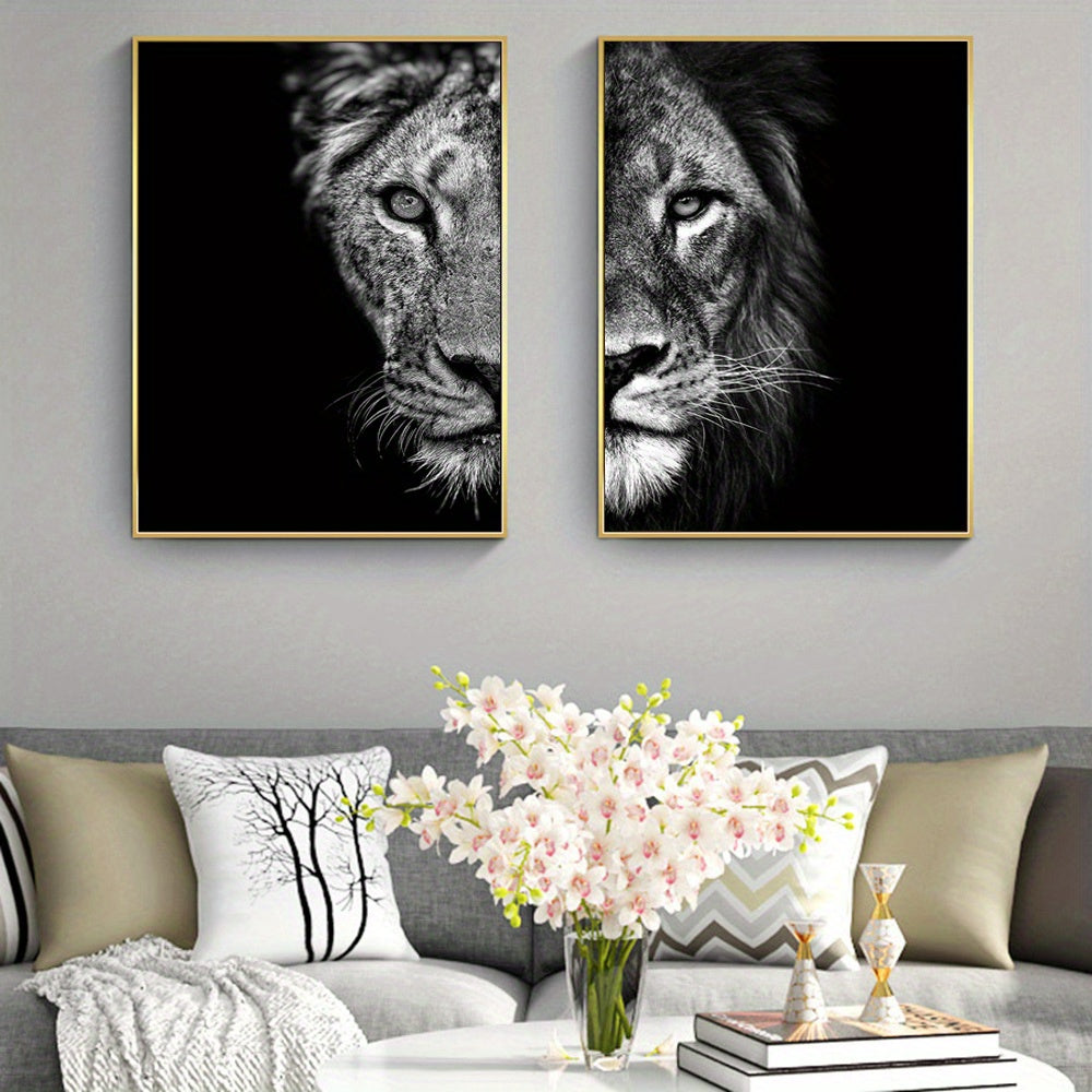 2pcs African Lion Wall Poster - Frameless Canvas Painting for Home Decor - 15.7x23.6in/40cmx60cm - Black and White Design