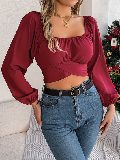 Square Neck Cross Tie Back Crop Blouse, Elegant Lantern Sleeve Slim Blouse For Spring & Fall, Women's Clothing