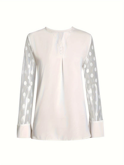 Solid Button Front Blouse, Elegant Long Sleeve Notched Neck Top, Women's Clothing