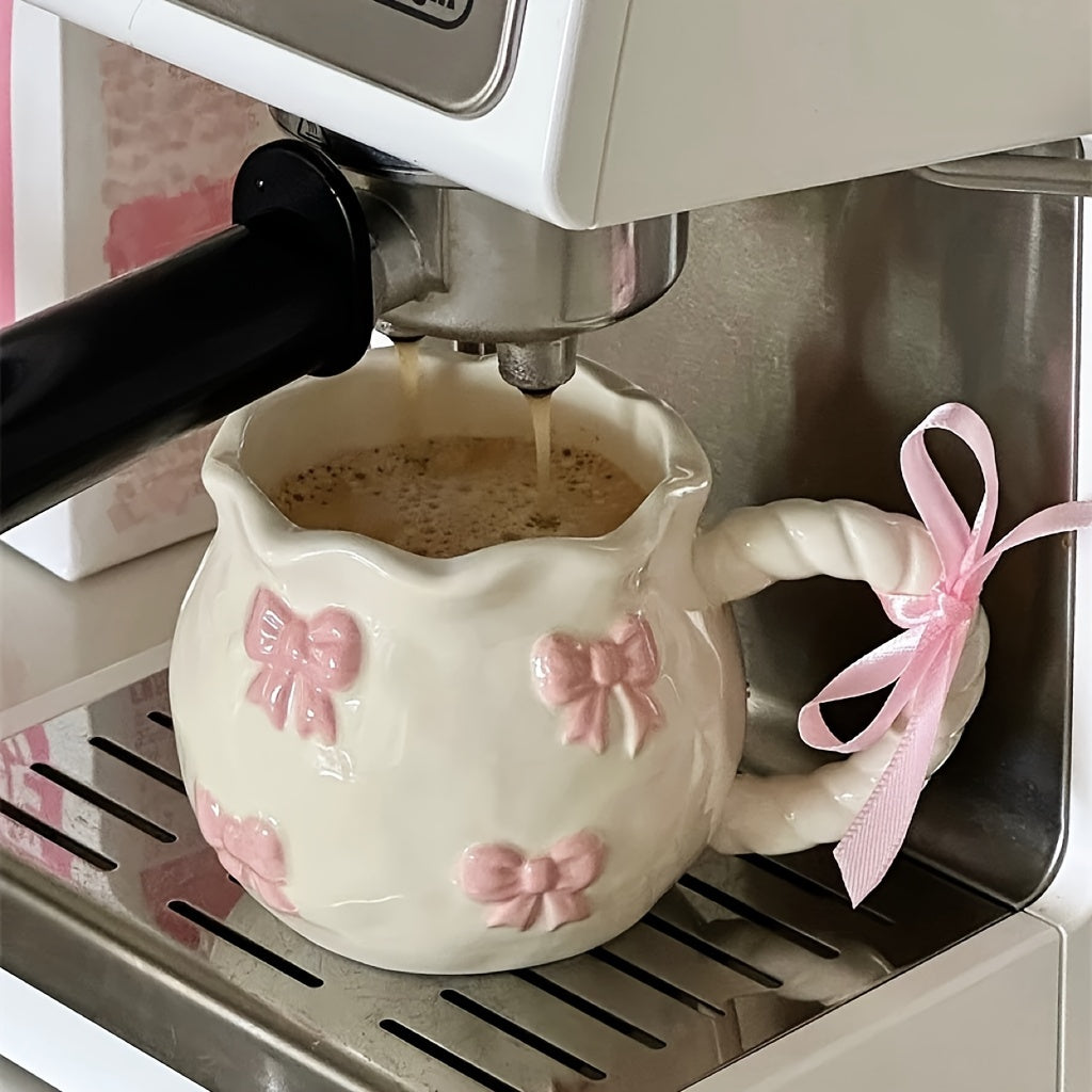 1pc Handmade Irregular Bow Ceramic Mug, 340ml, Geometric Pattern, Microwave Safe, Machine Washable, Reusable, Perfect for Home Kitchen, Dorm Breakfasts, Birthday, Christmas, Thanksgiving, Valentine's Day, Mother's Day, Gradua