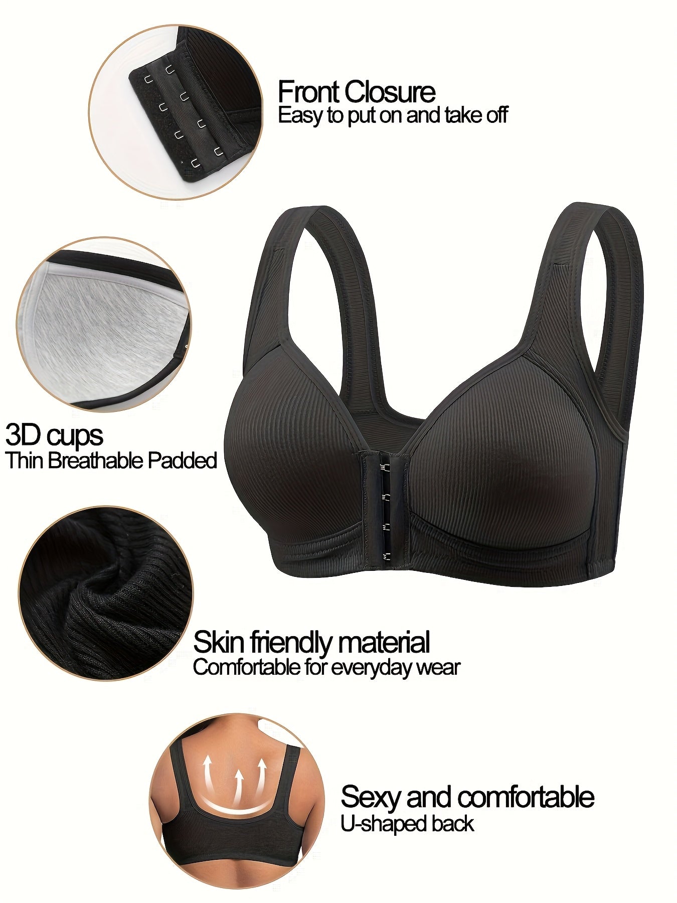 3pcs Set, Front Closure, Vertical Stripe, Gathered, No Underwire Bra