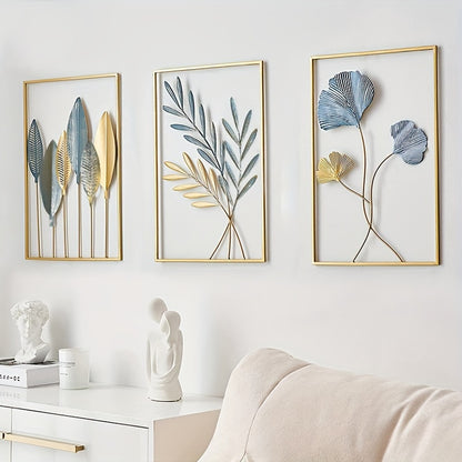 3pcs Mounted Metal Wall Decor, Thick Minimalist Metal Wall Art, Modern Metal Leaf Wall Hanging, Suitable For Sofa Backdrop Bedroom And Living Room, Golden Classic Style, No Frame, 43.94x 29.97 Cm