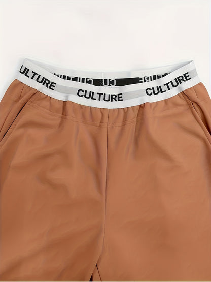 2pcs Women'S High-Waisted Wide-Leg Pants with Heart Letter Print - Casual Loose-Fit Joggers, Solid Color, All-Season Comfort, Pockets, Versatile for Casual Attire