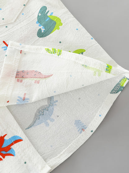 2pcs Baby Boys Dinosaur Print Button Short Sleeve Shirt Top & Elastic Waist Shorts Set Toddler Summer Clothes For Daily & Outdoor Wear