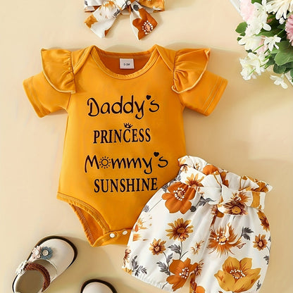 3pcs Short Sleeve & Shorts Set for Newborns - "I'm Daddy's Girl" Letter Print Pants and Headband, Mommy's World Alphabet Kids' Outfit, Perfect for Outdoor