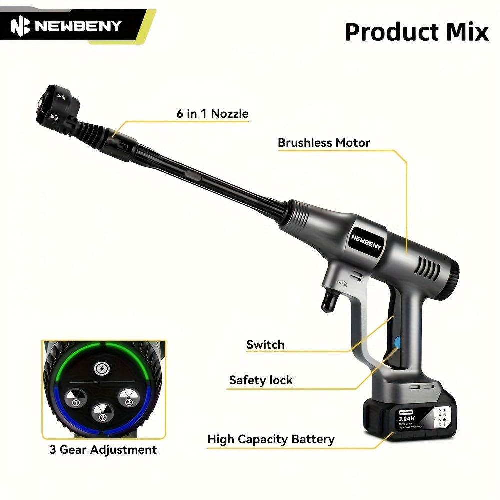 Brushless High Pressure Car Washing Water Gun, 6in 1 Cordless 3-speed High Pressure Cleaning Machine with 5m Water Hose, Suitable for Garden Watering, Car Washing And Floor Cleaning, Outdoor Cleaning, Cordless Design, Efficie