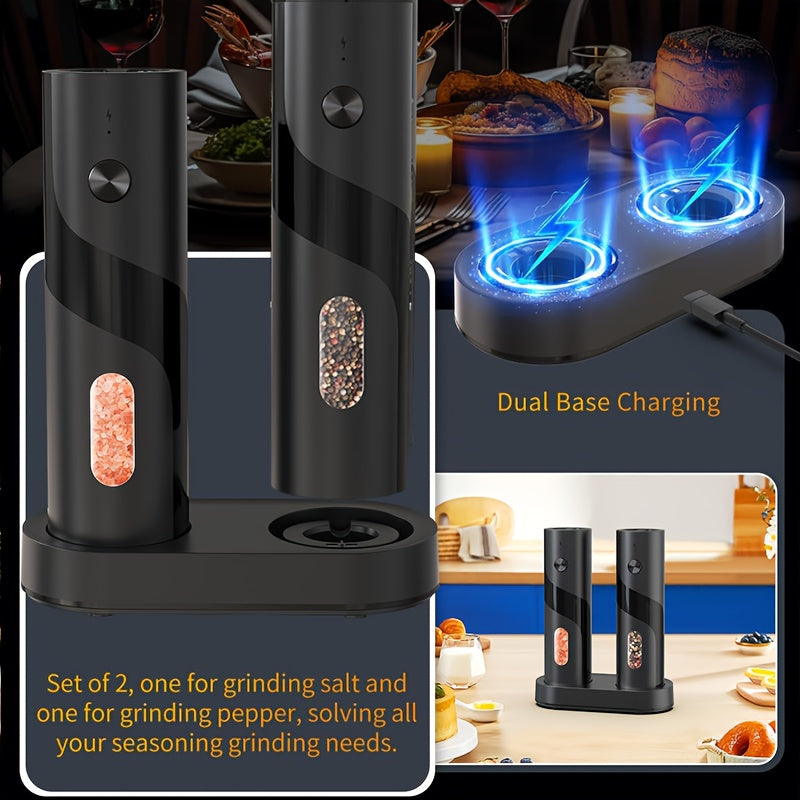 Two-piece portable electric pepper and salt grinder set, with base, USB charging, one-handed operation, adjustable coarseness, 300mAh battery capacity, interchangeable design, essential kitchen helper for cooking, perfect too