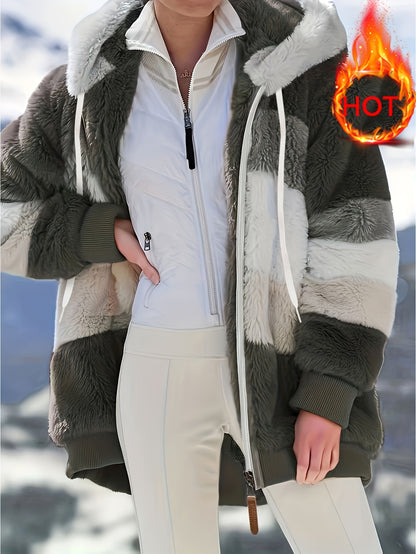 Women's Plush Faux Fur Hooded Jacket - Loose Fit Color Block Coat with Blue/Beige/White/Black Design, Long Sleeve Winter Warmth, Machine Washable for Casual & Formal Outfits, Ladies Winter Coats, Autumn Layering Piece, Formal