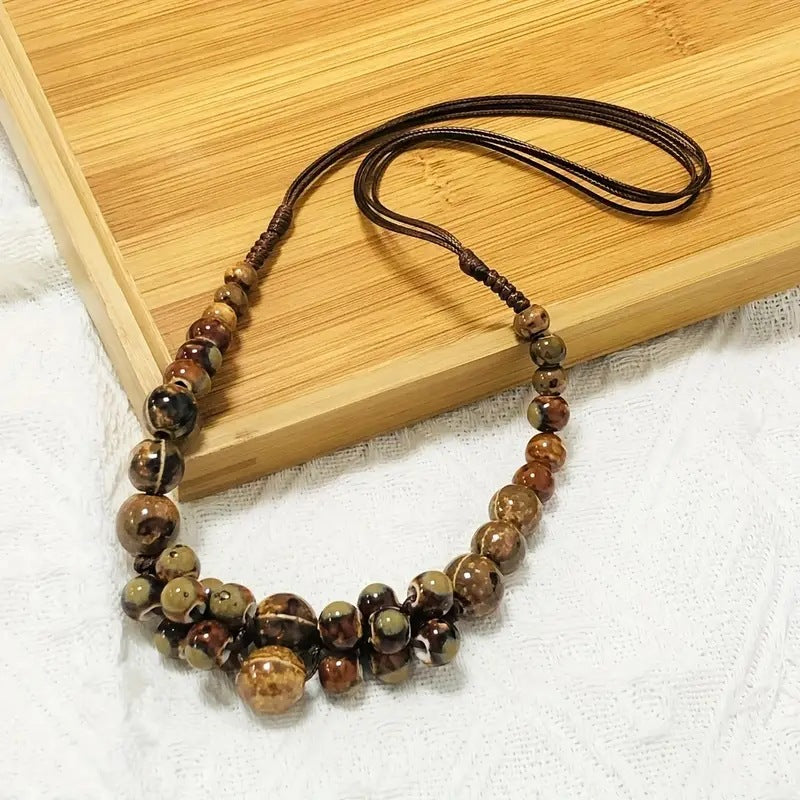 Handwoven Bohemian Women's Necklace - Marbled Ceramic Beads in Earthy Brown/Green/Blue/Golden/Black, Chunky Multi-Color Large Bead Statement Jewelry, Year-Round Versatile Boho-Chic Accessory for Daily Wear & Special Occasions